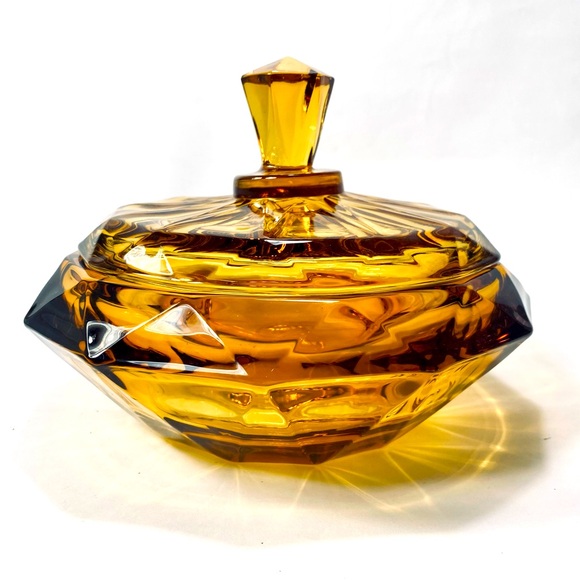 Vintage MCM Viking Large Amber Glass Diamond Point Covered Candy Dish